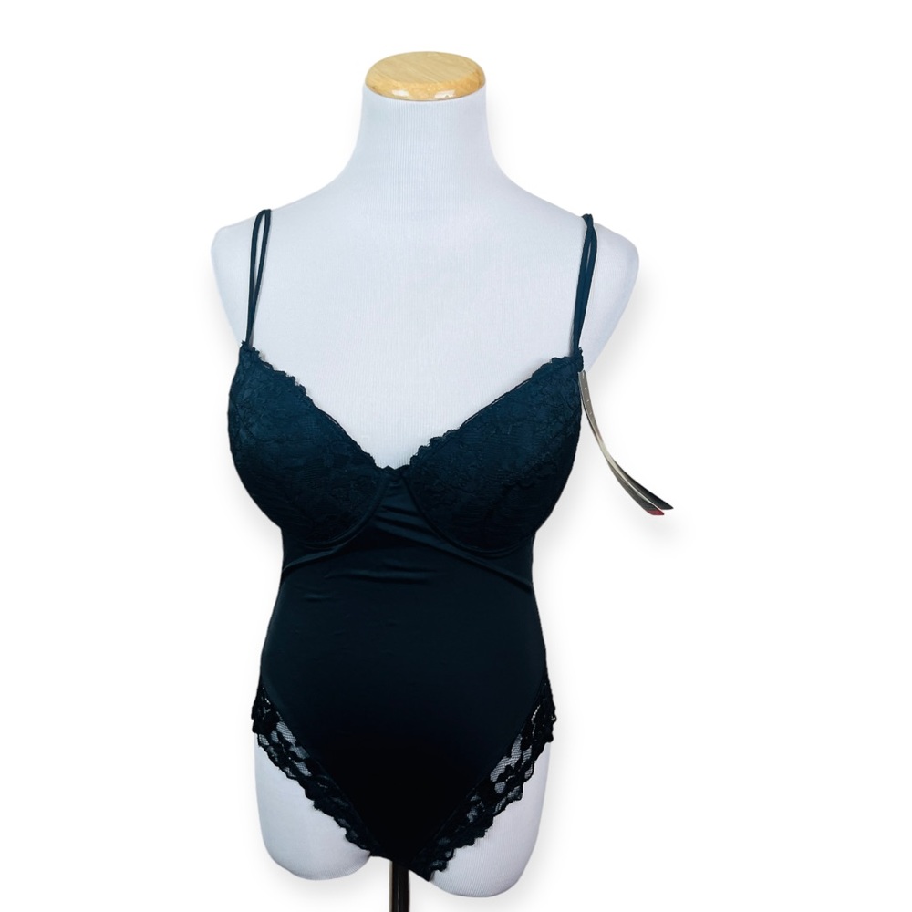 BODY BEAUTIFUL Black Built-in Wire Bra Lace Trim Bodysuit LARGE 36D NWT $64